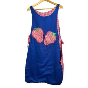 Vintage Handmade Reversible Apron‎ Blue Strawberry Gingham Red Check Pinafore